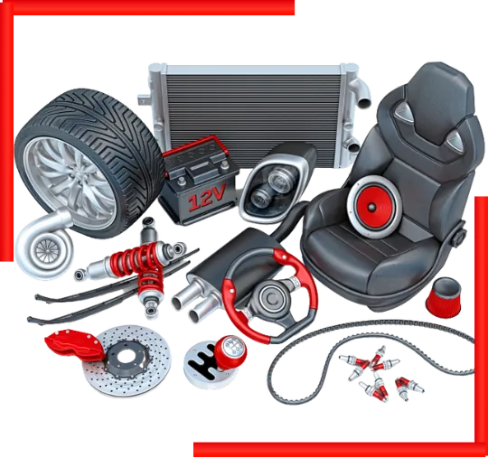 Collage of Ambika Auto Agency car accessories: speakers, seats, lights and parts